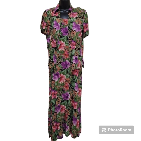 Liz Baker Petite 2 pc Floral  2 Split Maxi Dress & Button Down Cover up, Size MP - Picture 1 of 12
